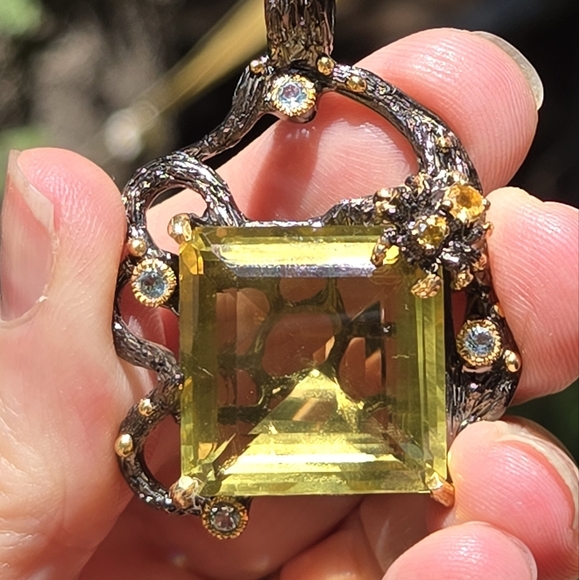 Citrine HUGE 52K & Aquamarine Gemstone Sterling Rhodium & Gold Pendant - Picture 9 of 11